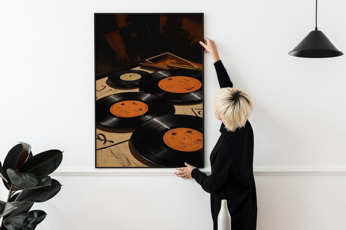 Scattered Vinyl Records with Orange Labels Retro Music Wall Art Print - Image 2