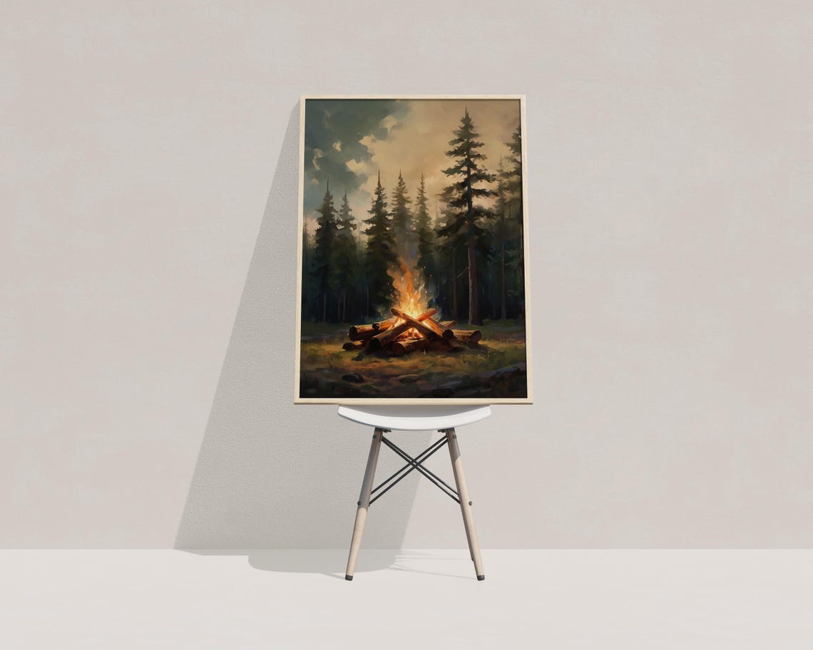 Rustic Campfire Poster Trendy Art Prints Pine Tree Art Vintage Forest Art Retro Wall Art Cabin Wall Decor Campfire Art Prints - Image 4