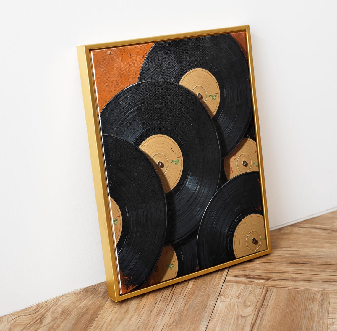 Overlapping Black Vinyl Records Beige Labels Burnt Orange Music Poster - Image 5