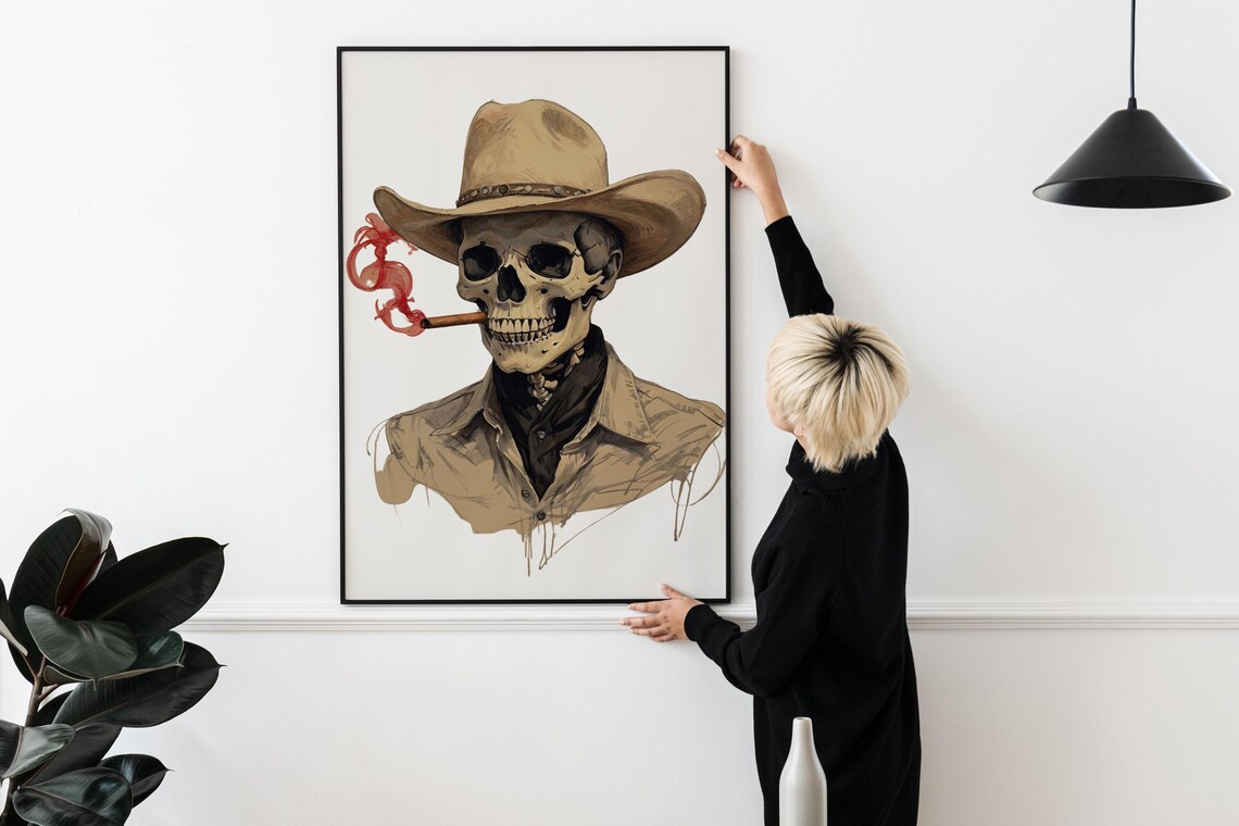 Skeleton Cowboy with Hat Smoking Cigar Western Eclectic Wall Art Print - Image 2