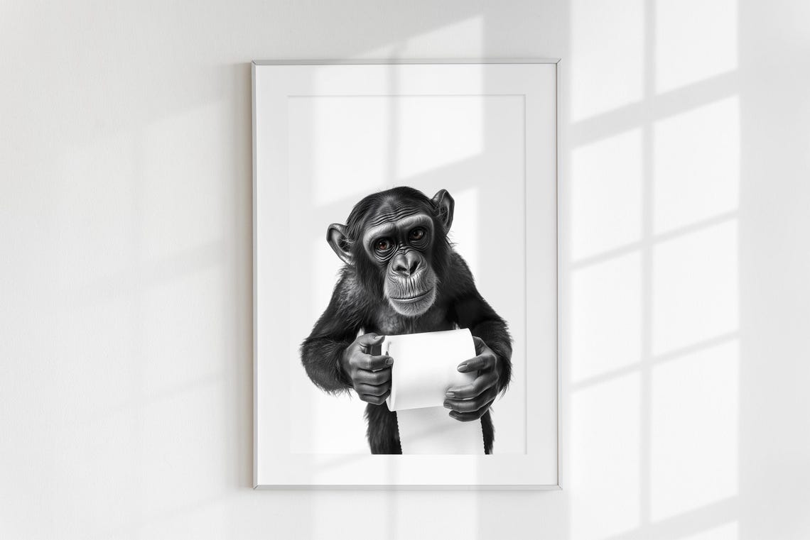 Chimpanzee Holding Toilet Paper Black And White Funny Bathroom Poster - Image 6