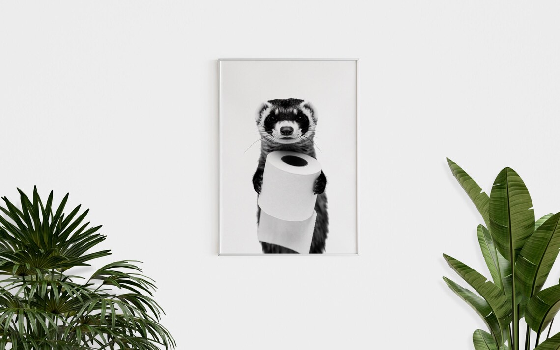 Ferret Holding Toilet Paper Black And White Funny Bathroom Art Poster - Image 2