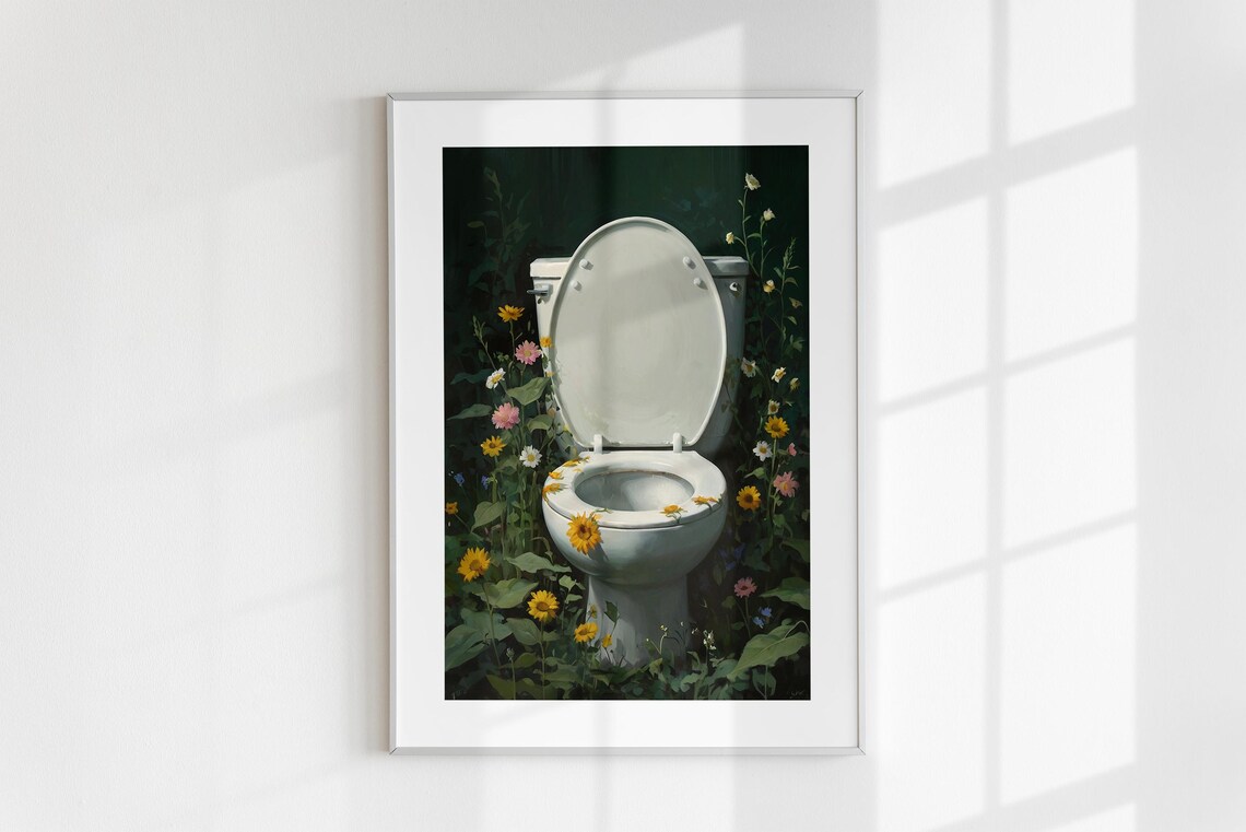 Toilet In Blooming Wildflowers Dark Green Moody Funny Bathroom Poster - Image 6