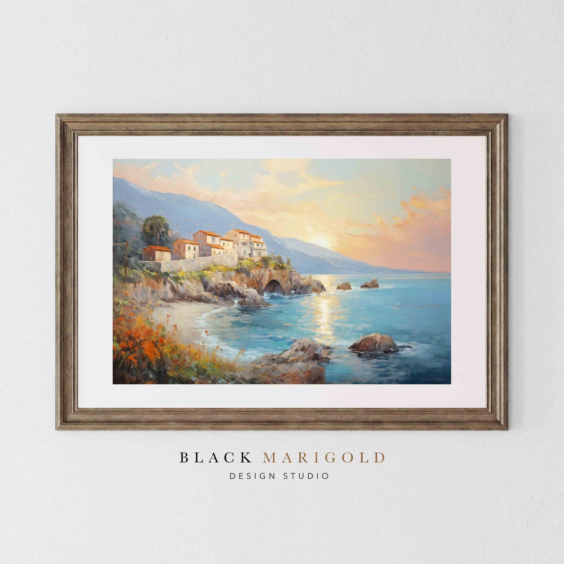 Cliffside Coastal Village at Sunset Over Turquoise Sea Poster