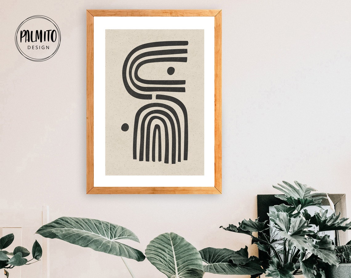 Soft Beige Japandi Abstract Arch Lines Minimal Black Curve Wall Art - Image 2