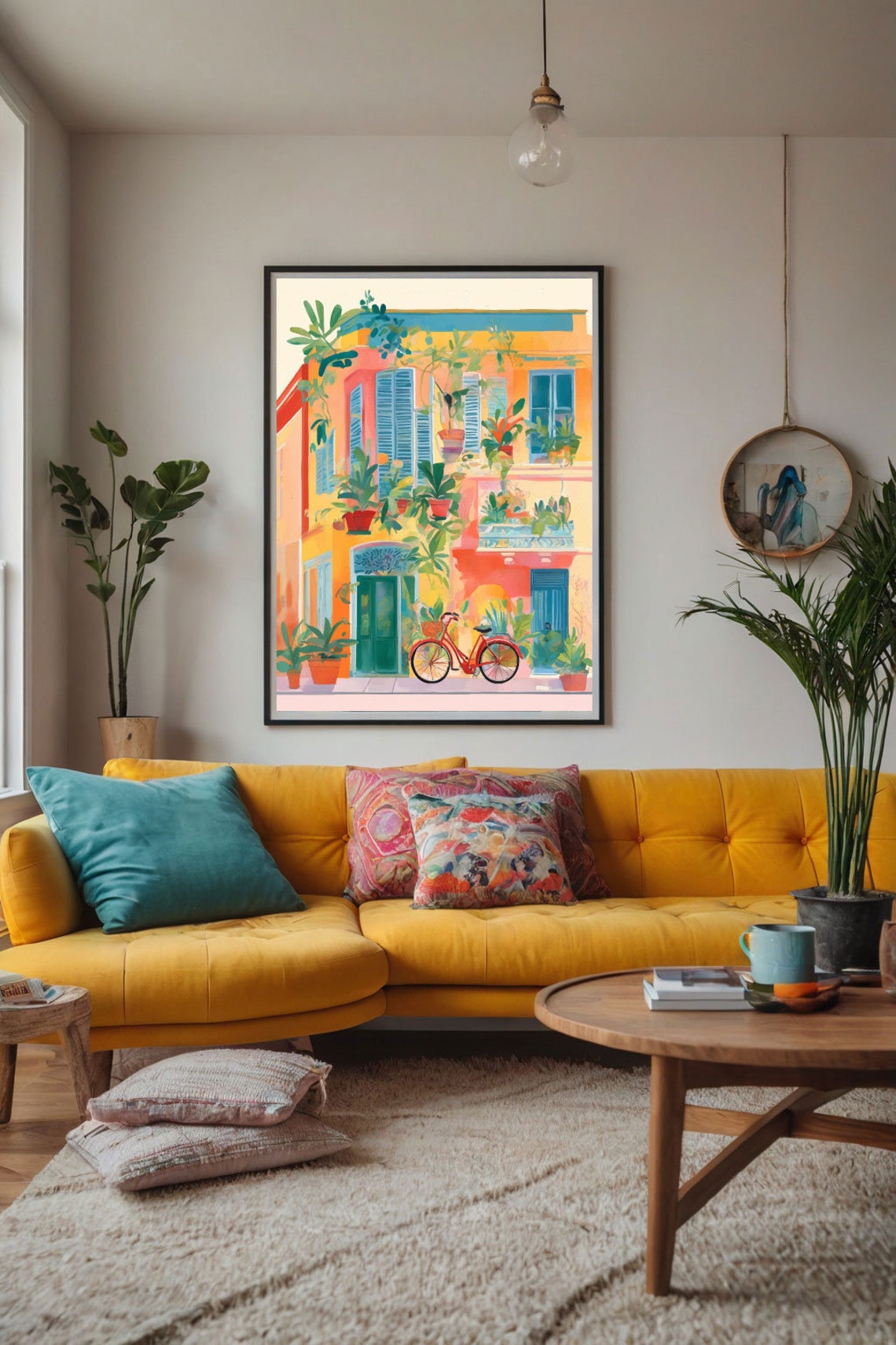 Orange Building Facade Plants and Red Bicycle Street Art Poster - Image 2