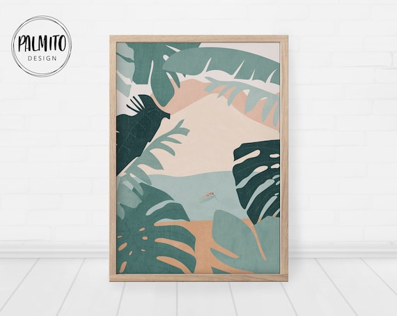 Tropical Jungle Illustration Wall Art Monstera Palm Leaves Rainforest Instant Green Landscape Home Decor Girl Swimming