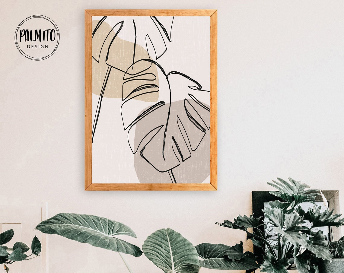 Monstera Leaf Line Drawing Beige Botanical Minimal Calm Poster - Image 2