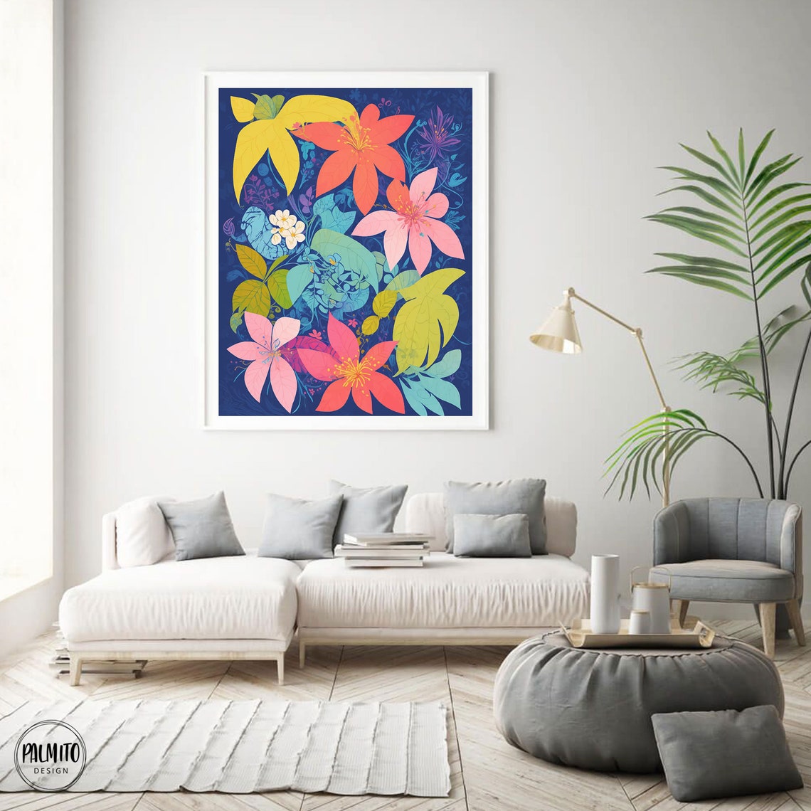 Maximalist Colorful Tropical Flowers Navy Bold Botanical Poster - Image 2