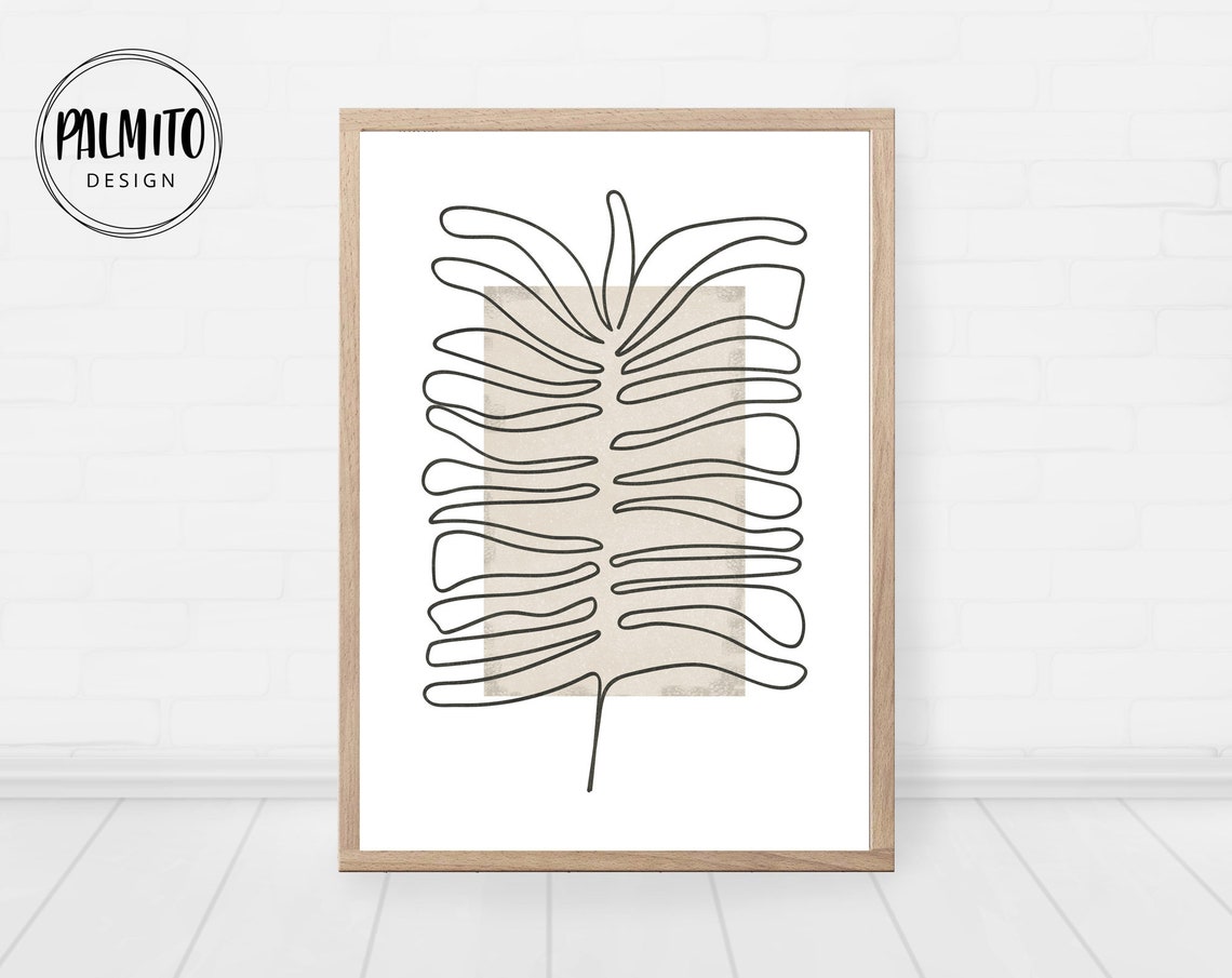 Leaf Contour Line Drawing White Beige Minimal Botanical Poster