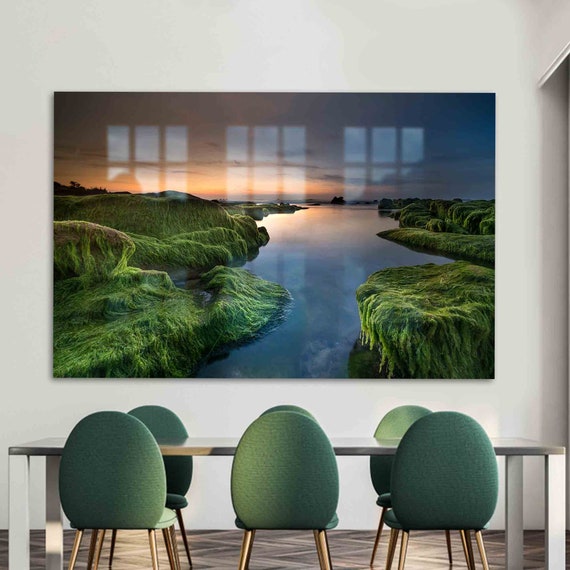 Glass Mural Art Wall Decor River Landscape Green Algae Decoration Sunset Printing