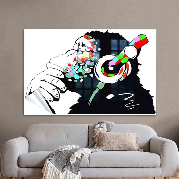 Wall Art Decor Glass Abstract Street Headphones Chimp Monkey