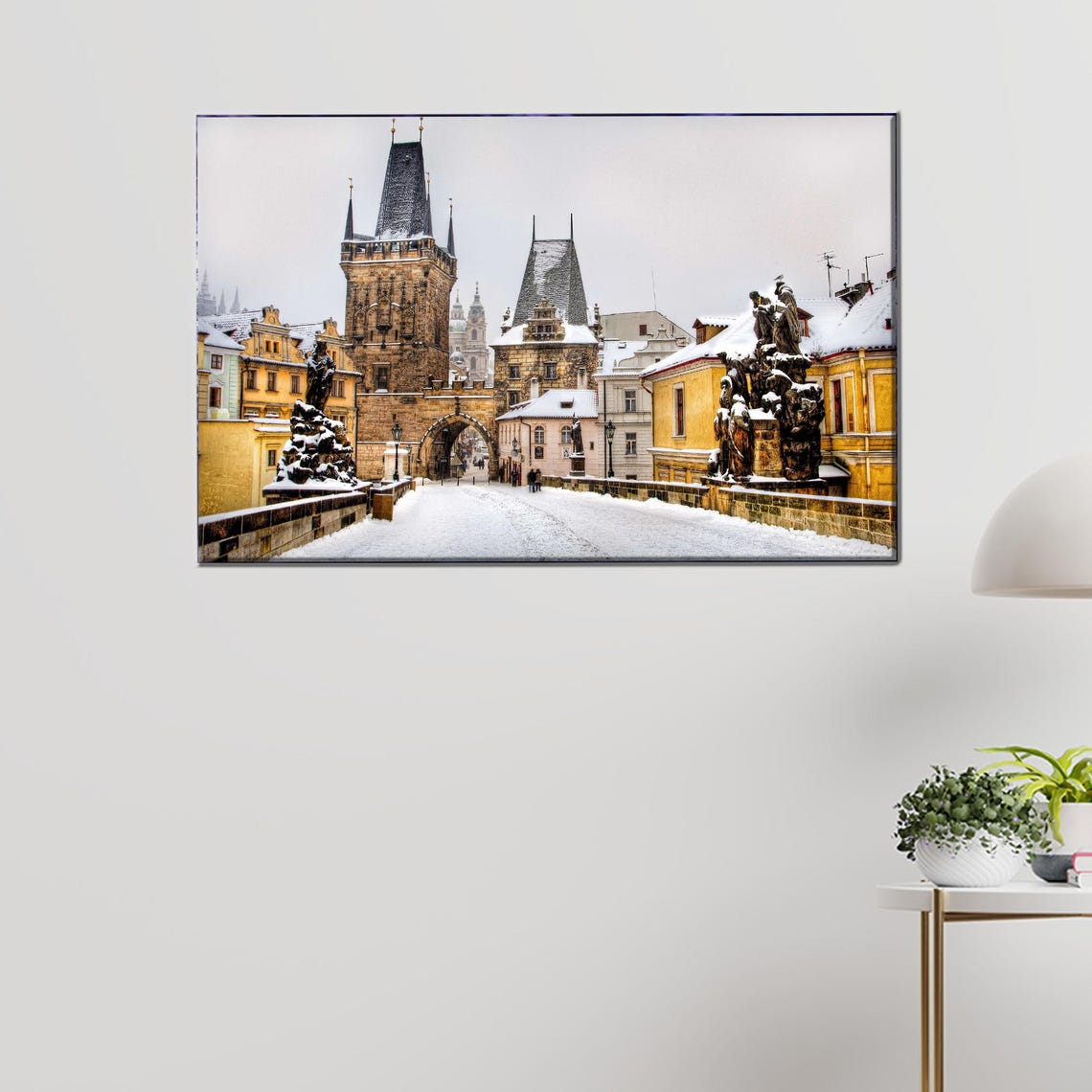 Prague Charles Bridge Under Winter Snow Cityscape Photo Poster