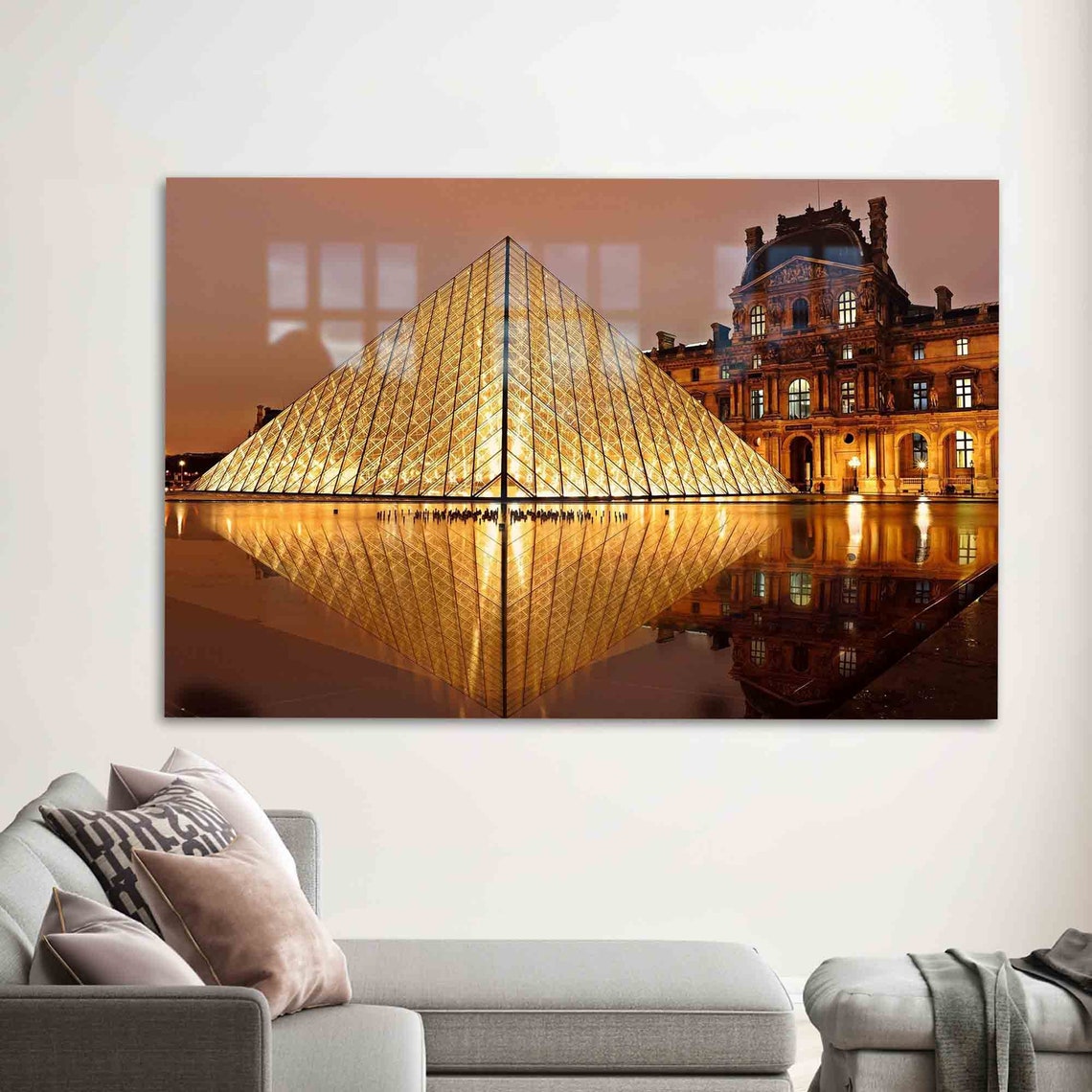 Louvre Museum Glowing Golden Pyramid Night Reflection Paris Poster