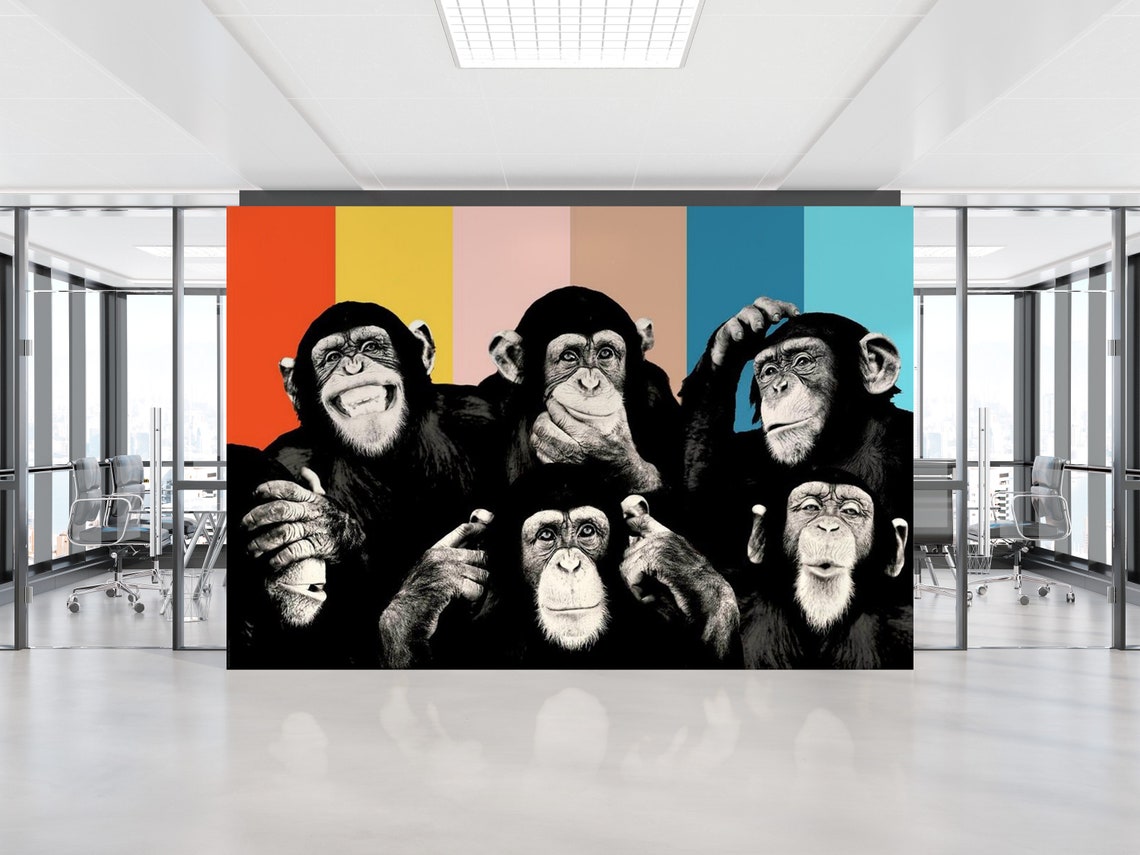 Playful Five Funny Monkeys Thinking Poses Colorful Pop Poster