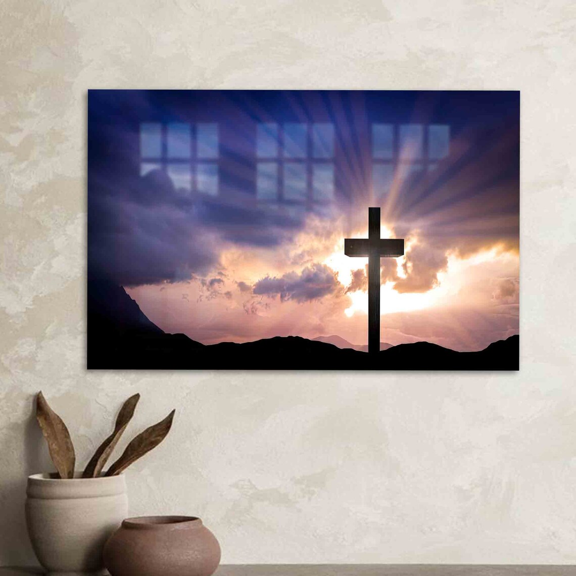 Wooden Cross Silhouette Sunset Heavenly Light Rays Faith Poster
