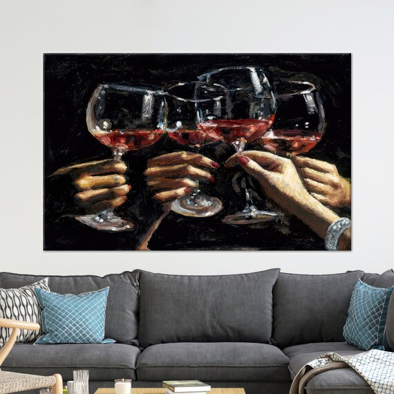 Hands Toasting Wine Glasses Red Wine Cheers Oil Painting Poster