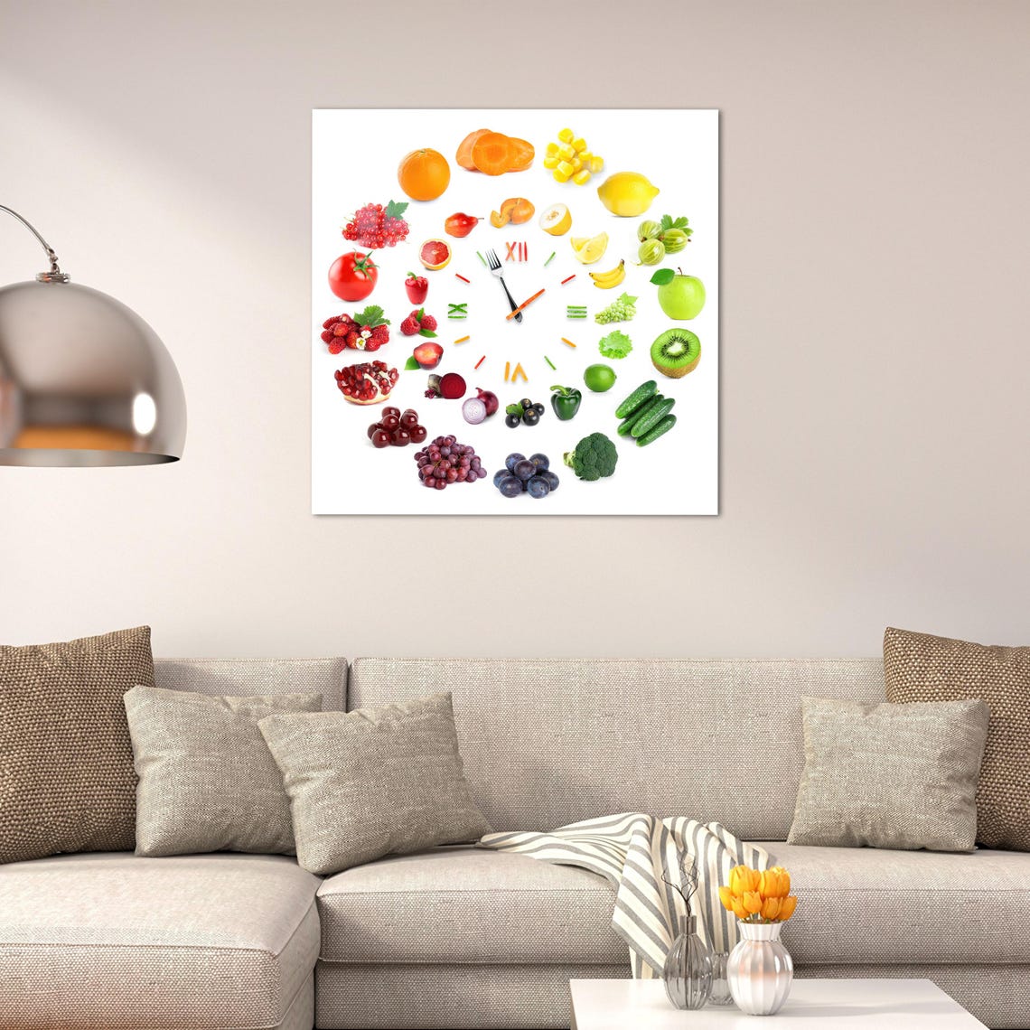 Colorful Fruit Vegetable Clock Kitchen Fun Food Art Wall Poster