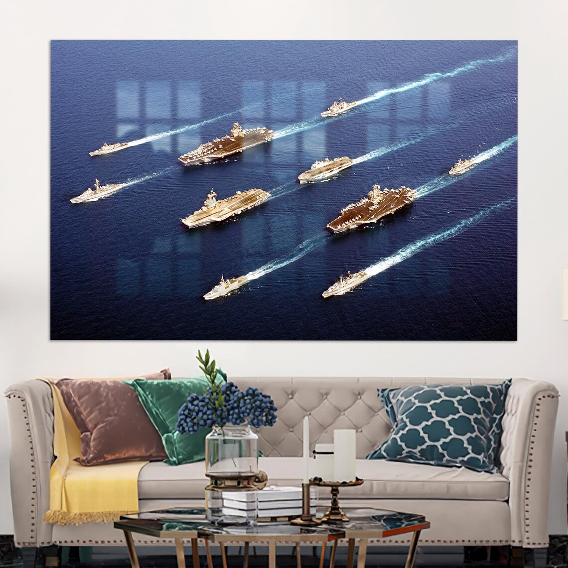 Naval Fleet Aircraft Carriers in Formation Aerial Ocean Photography Poster