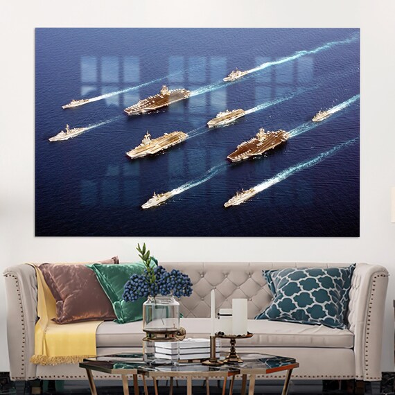 Naval Fleet Aircraft Carriers in Formation Aerial Ocean Photography Poster