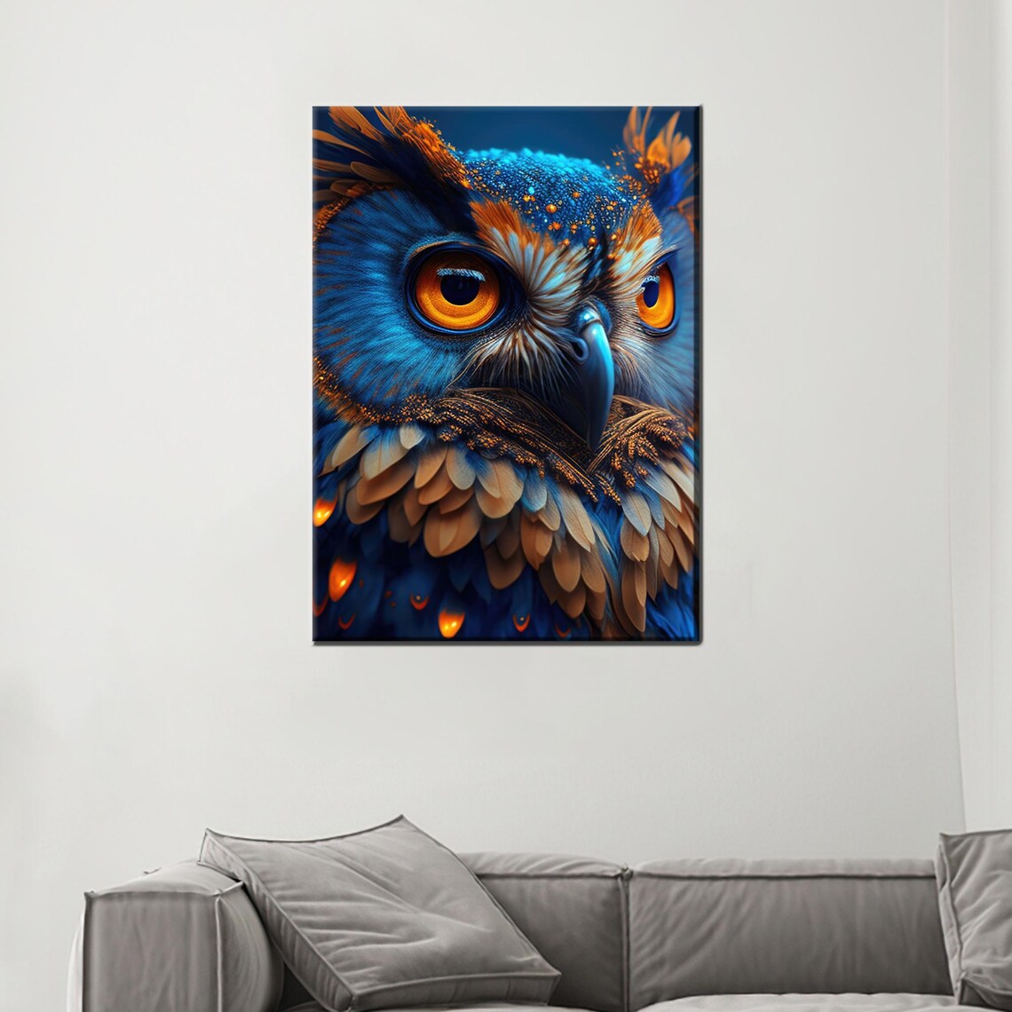 Majestic Blue and Gold Owl Close Up Digital Animal Portrait Poster