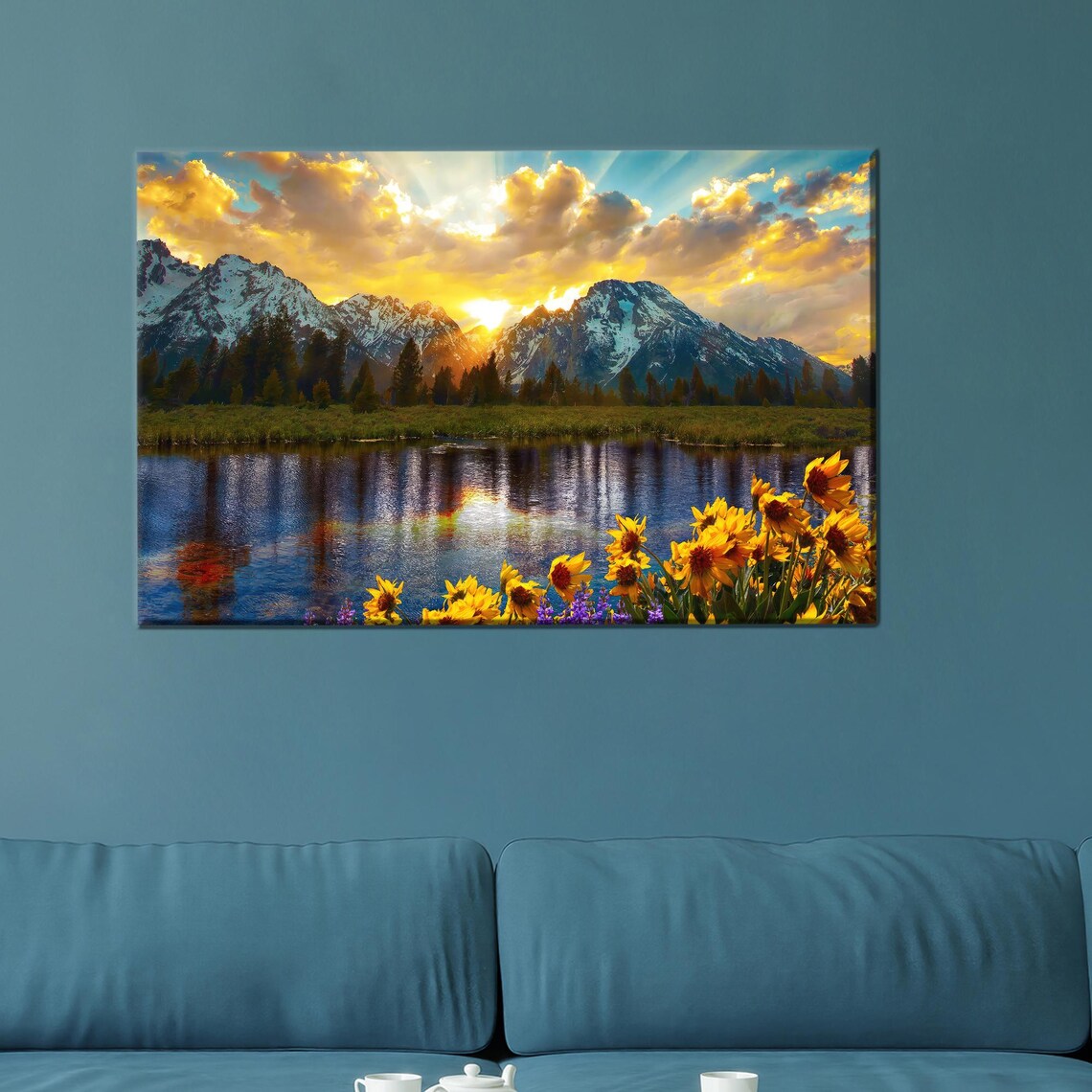 Dramatic Mountain Lake Sunset with Sunflower Foreground Landscape Poster