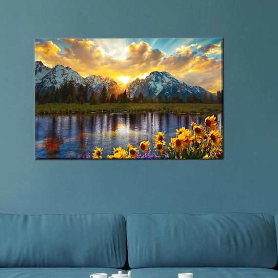 Dramatic Mountain Lake Sunset with Sunflower Foreground Landscape Poster