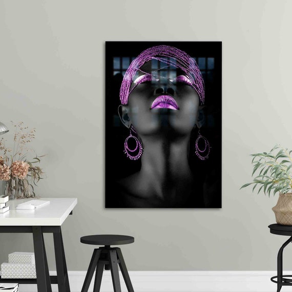 Glass Printing Wall Decor Black Girl Decoration Purple Lip Abstract African Woman