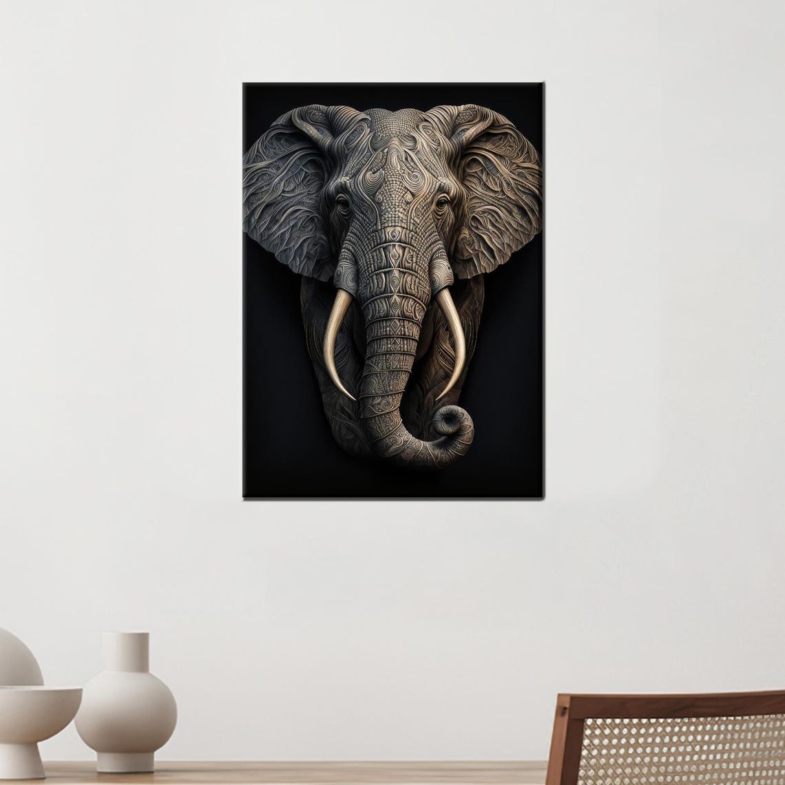 Ornate Elephant Head Tribal Pattern Black Gold Canvas Wall Art Decor