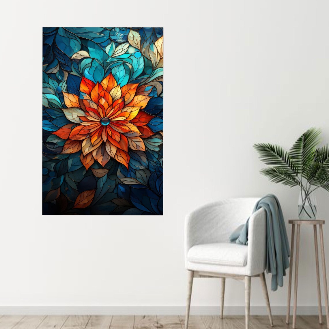 Orange Stained Glass Flower Teal Blue Botanical Modern Art Print