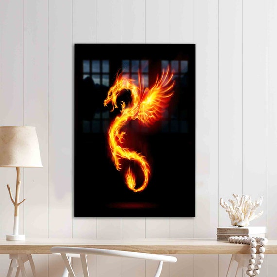 Mural Art Wall Tempered Glass Dragon Chinese Fire Decoration Printing Animal Decor