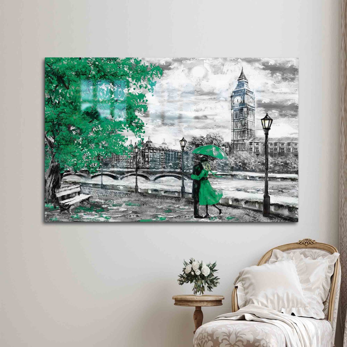 London Big Ben Scene with a Couple Under a Green Umbrella Poster