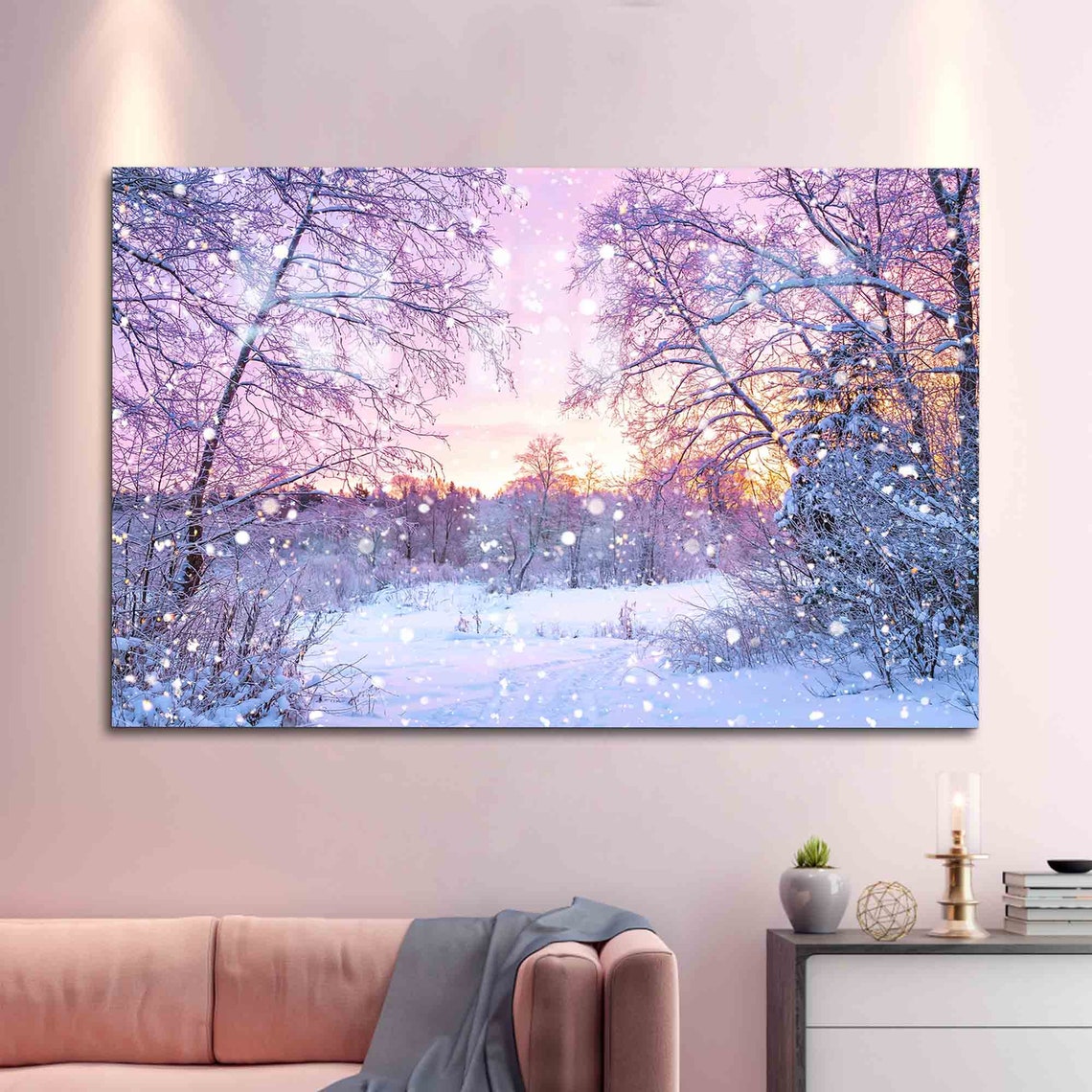 Snowy Winter Forest Sunset Glow Glass Art Falling Snow Wall Art