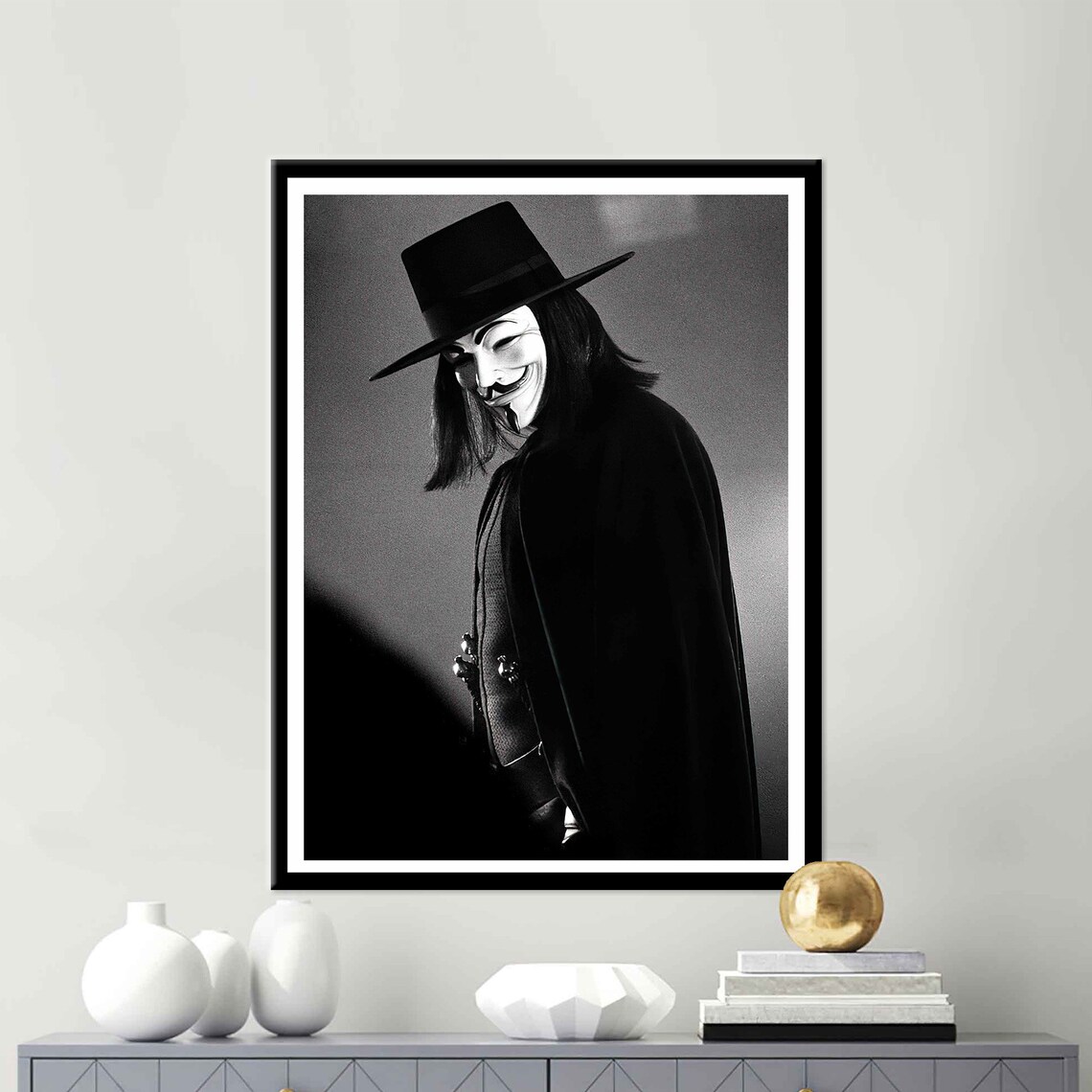V For Vendetta Guy Fawkes Mask In Black And White Movie Poster