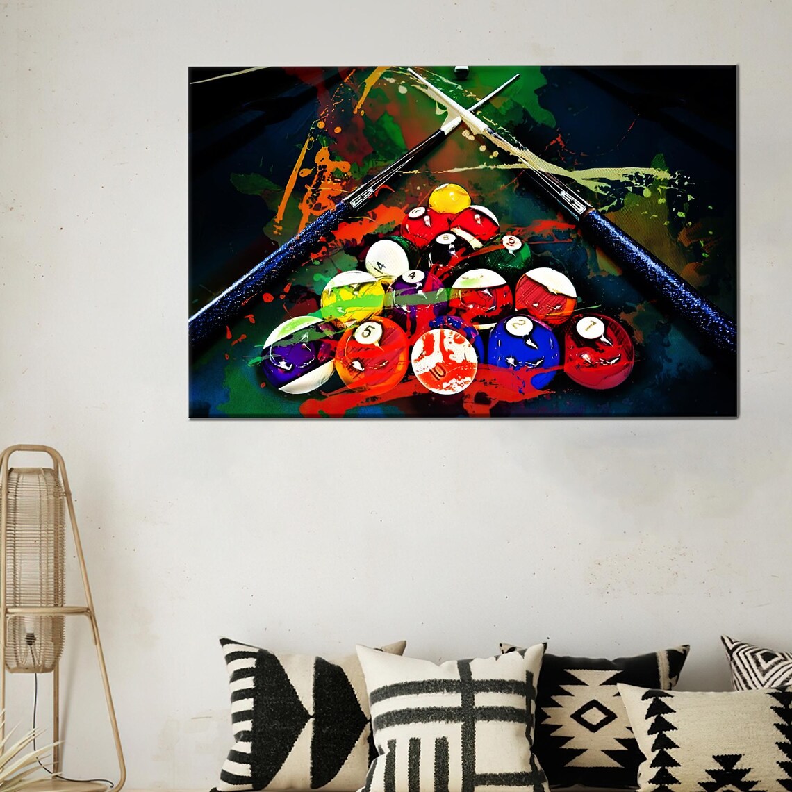 Billiards Pool Balls and Crossed Cues Colorful Game Room Poster