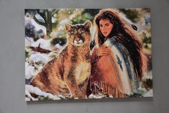 Native Woman And Big Cat Poster Print