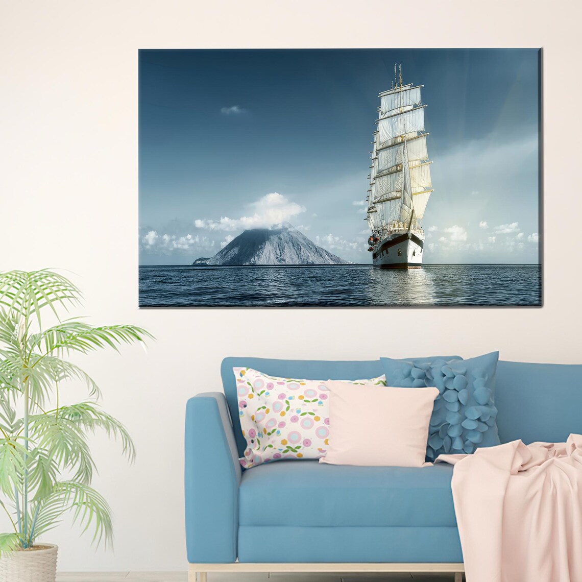 Tall Ship Sailing Vessel Ocean Voyage Volcanic Island Art Poster