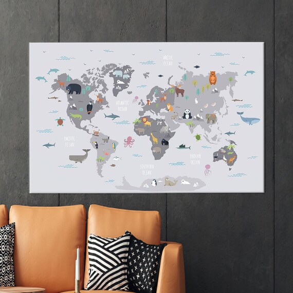 World Map With Animals Wall Decor Printed Kids Canvas Poster Children Hanging Personalized Baby Gift