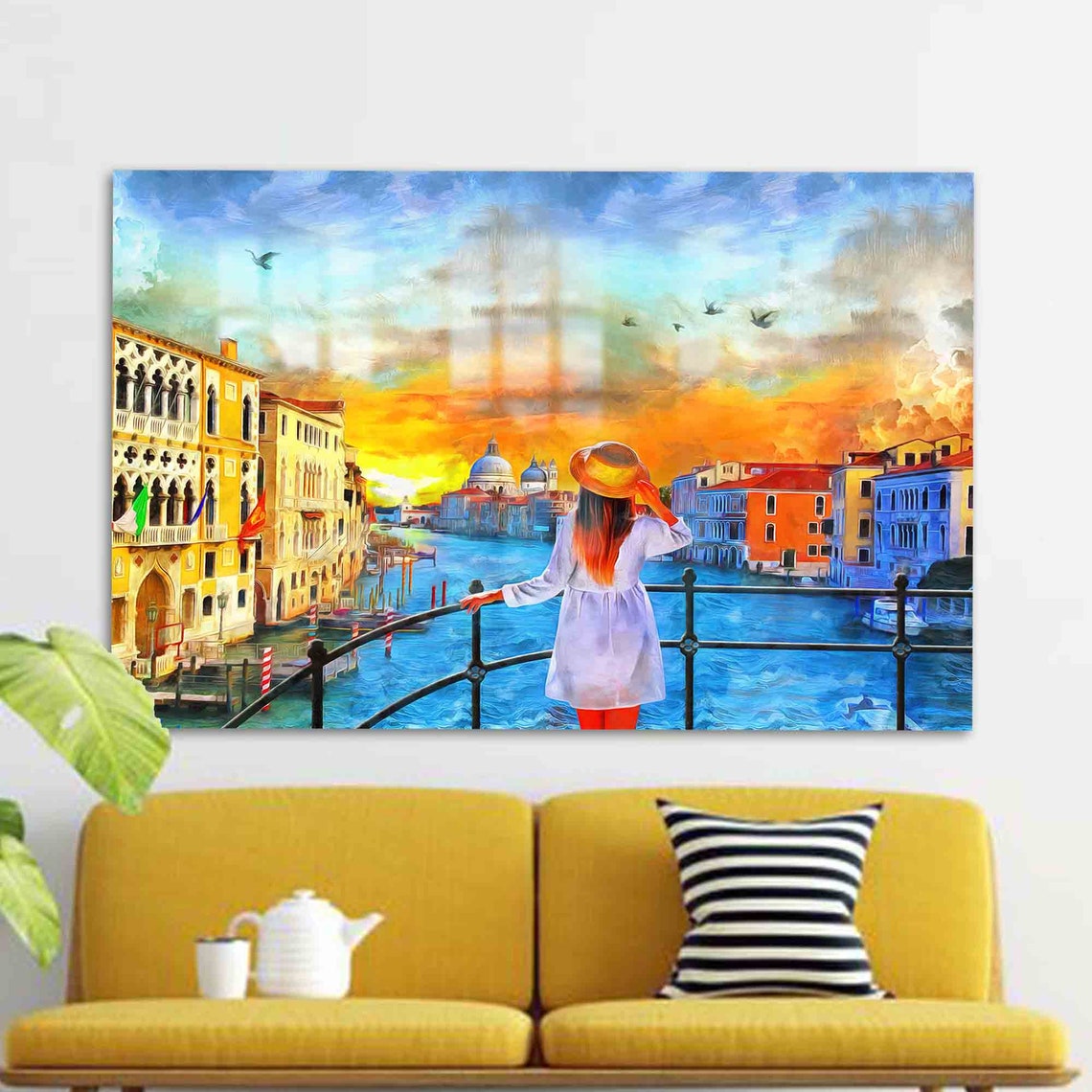 Woman Overlooking Venice Grand Canal Sunset Impressionist Poster