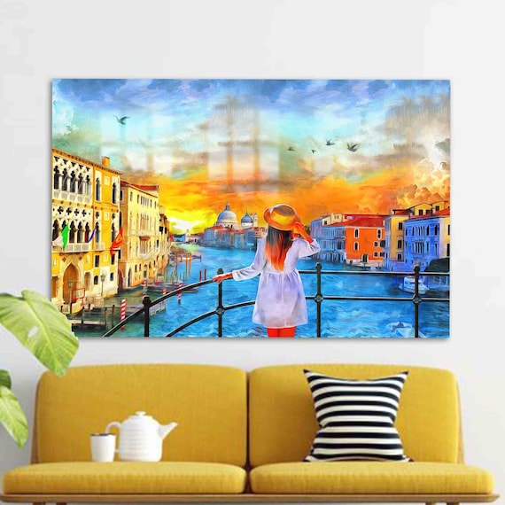 Woman Overlooking Venice Grand Canal Sunset Impressionist Poster