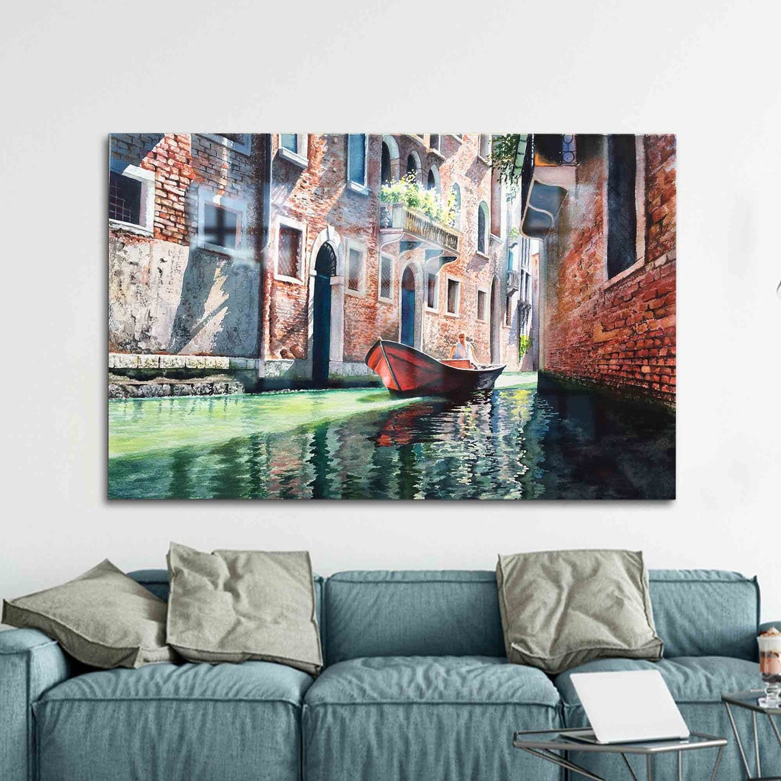 Venice Canal with a Drifting Boat Between Old Brick Buildings Poster
