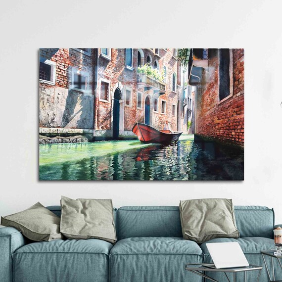 Venice Canal with a Drifting Boat Between Old Brick Buildings Poster