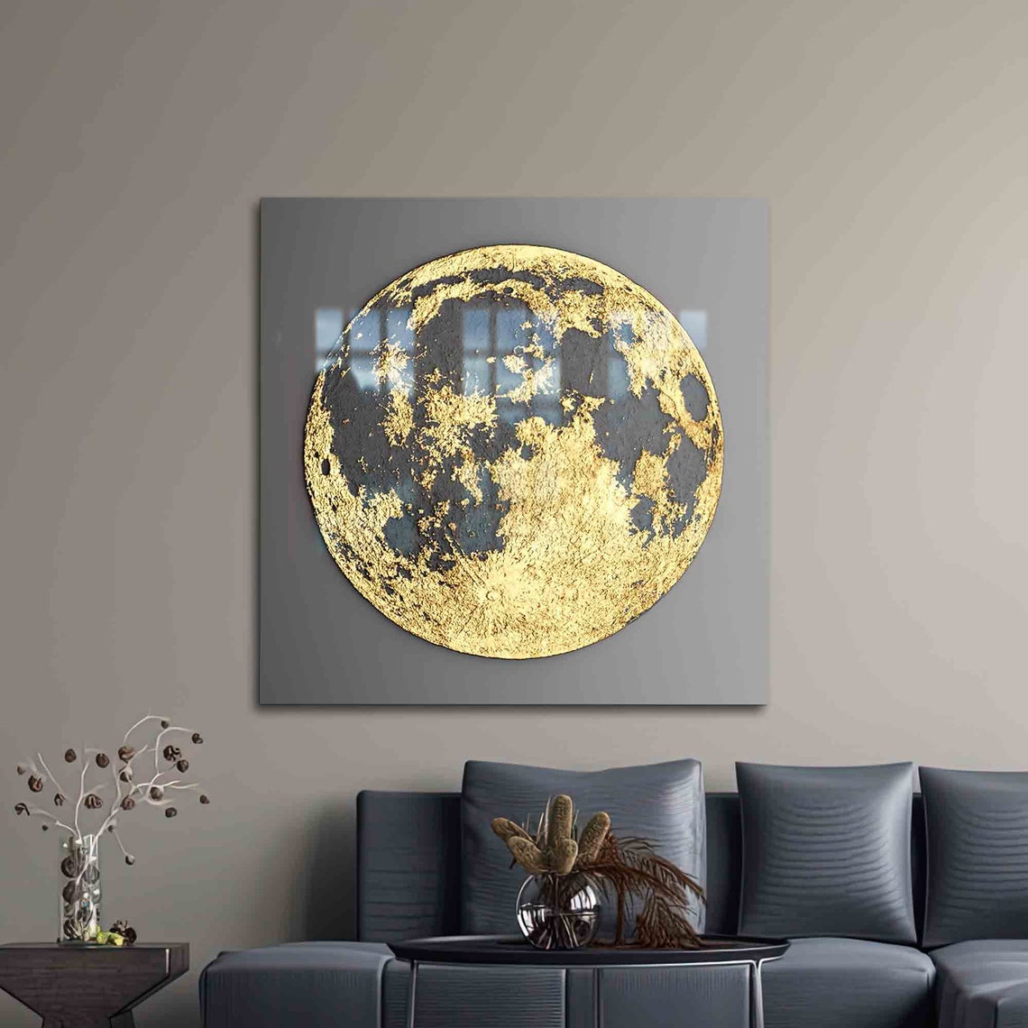 Glass Art Wall Decoration Gold Moon Canvas Print Modern Decor Abstract View