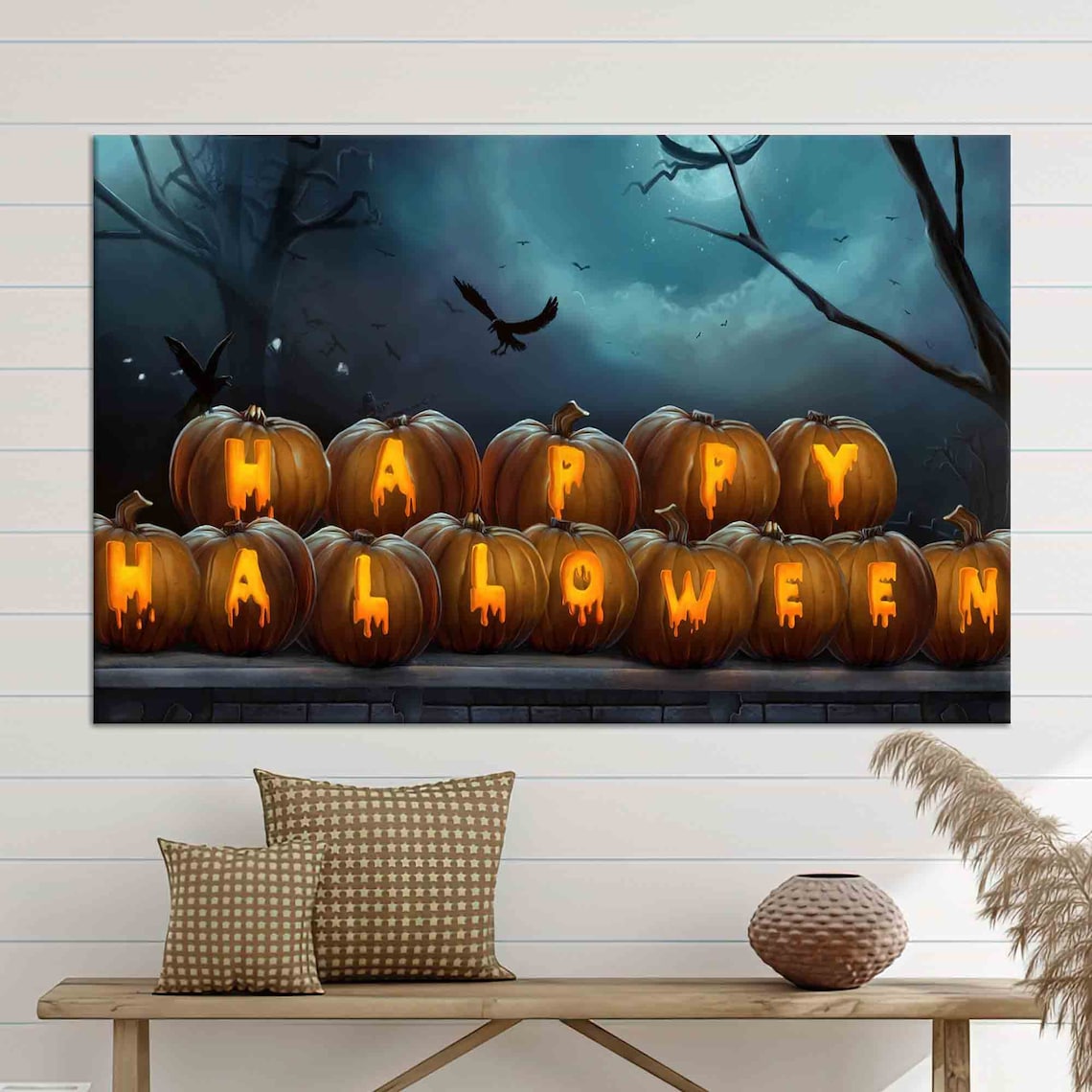 Happy Halloween Glowing Pumpkins Spooky Night Party Decor Poster