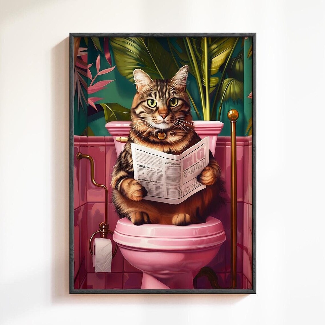 Fluffy Tabby Cat Reading Newspaper On Pink Toilet Funny Bathroom Wall Poster