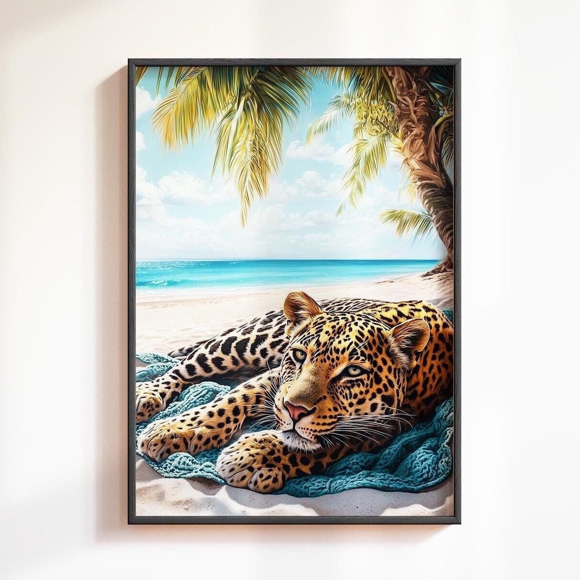 Leopard Lounging On A Sunny Tropical Beach With Palms Poster