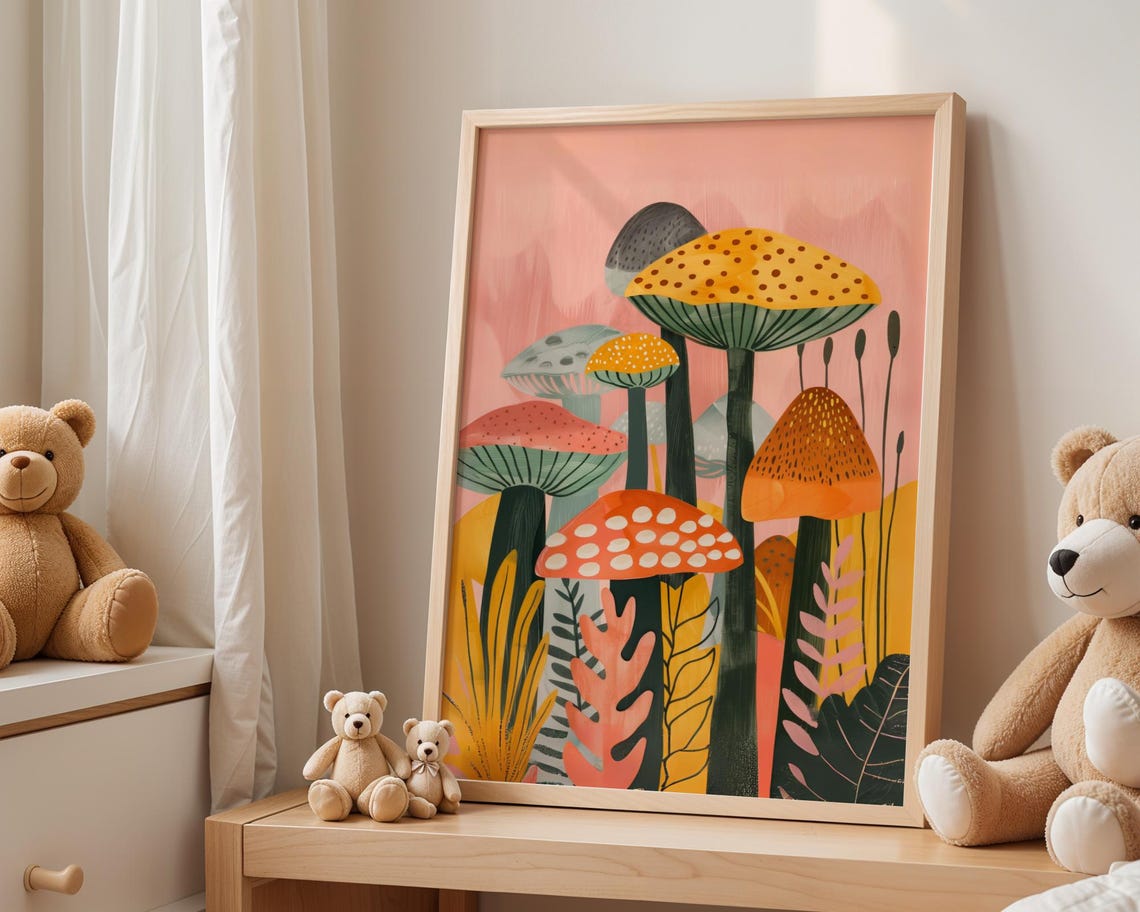 Whimsical Pink Mushroom Forest Nursery and Playroom Wall Poster
