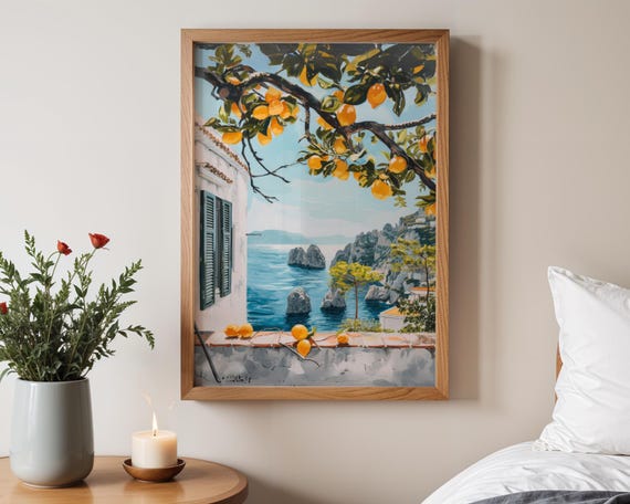 Capri Lemon Coastal Poster Print Mediterranean Seaside Wall Art Amalfi Coast Italy Landscape Kitchen Dining Room Home Decor