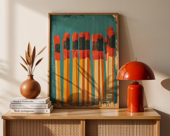 Retro Matchstick Art Print Vintage Matchbox Style Bold Graphic Wall Decor Midcentury Pop Illustration