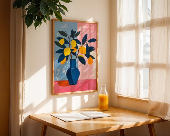 Lemon Vase Wall Art Modern Citrus Poster Print Colorful Kitchen Canvas Matisse Style Fruit Artwork Contemporary Dining Decor